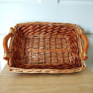 Rectangular wicker tray basket with wood handles